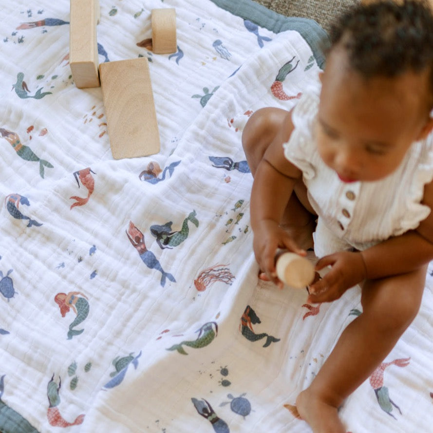 Cotton Muslin Baby Quilt - Mermaids